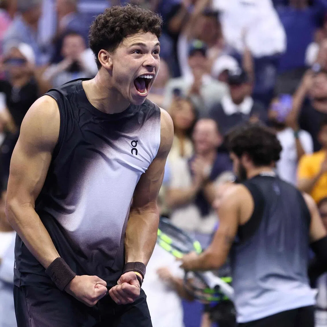 Ben Shelton of the US celebrating his 6-7 (5-7), 6-1, 6-3, 1-6, 7-6 (10-7) US Open quarter-final win over Carlos Alcaraz at the USTA Billie Jean King National Tennis Center in New York City on Sept 9.