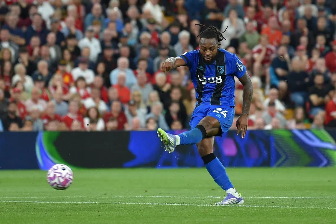 FILE PHOTO: Soccer Football - Premier League - Liverpool v AFC Bournemouth - Anfield, Liverpool, Britain - August 15, 2025 AFC Bournemouth's Antoine Semenyo scores their second goal REUTERS/Peter Powell/ File Photo