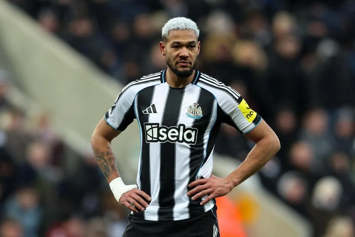 Newcastle's Joelinton (left) went off with a groin injury in the second half of Newcastle’s 2-0 defeat by Aston Villa on Jan 25.