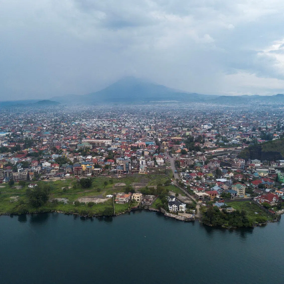 FILE PHOTO: Aerial view shows Lake Kivu and the skyline of the city of Goma, North Kivu province, Democratic Republic of the Congo, October 21, 2023. REUTERS/Arlette Bashizi/File Photo