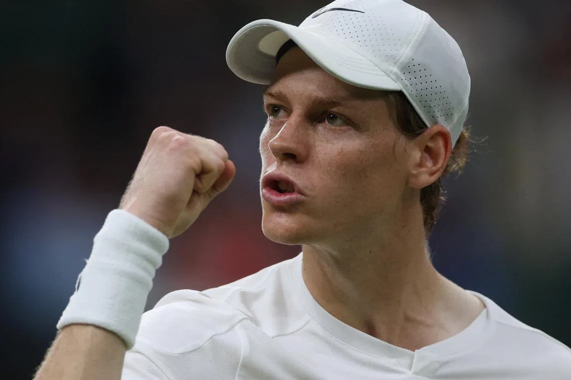 Tennis - Wimbledon - All England Lawn Tennis and Croquet Club, London, Britain - July 3, 2024 Italy's Jannik Sinner celebrates winning the second set during his second round match against Italy's Matteo Berrettini REUTERS/Paul Childs