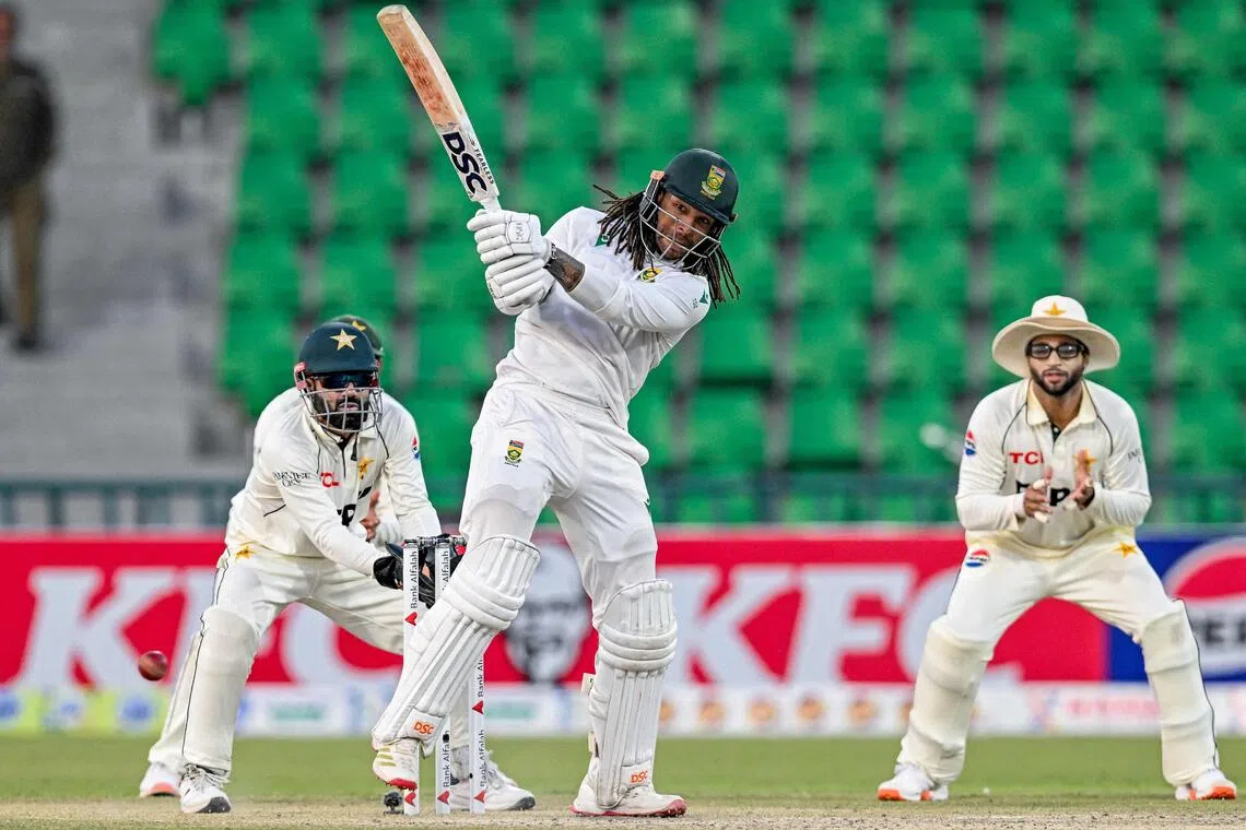South Africa's Tony de Zorzi plays a shot on the second day of the first Test cricket against Pakistan at Gaddafi Stadium in Lahore on Oct 13, 2025. He was on 81 not out.