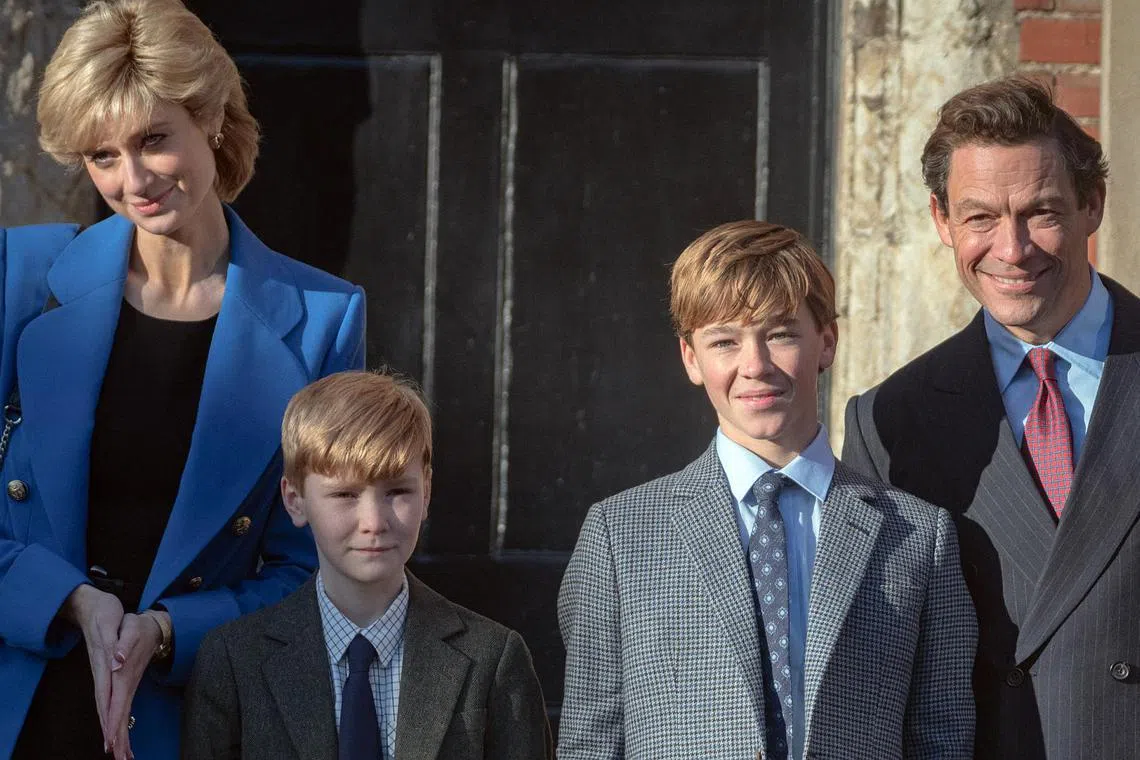 (From left) Elizabeth Debicki, Will Powell, Senan West and Dominic West in season five of The Crown.