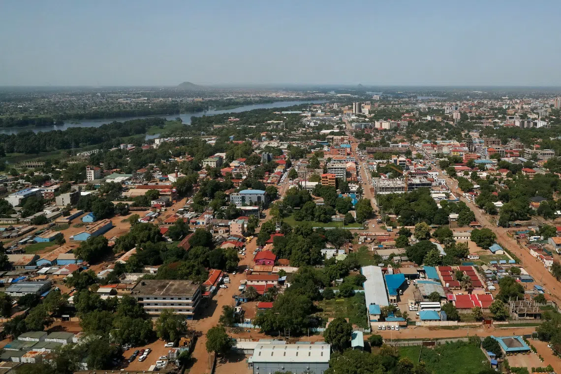 An aerial view from the plane shows the skyline of Juba, South Sudan, June 10, 2025. REUTERS/Thomas Mukoya