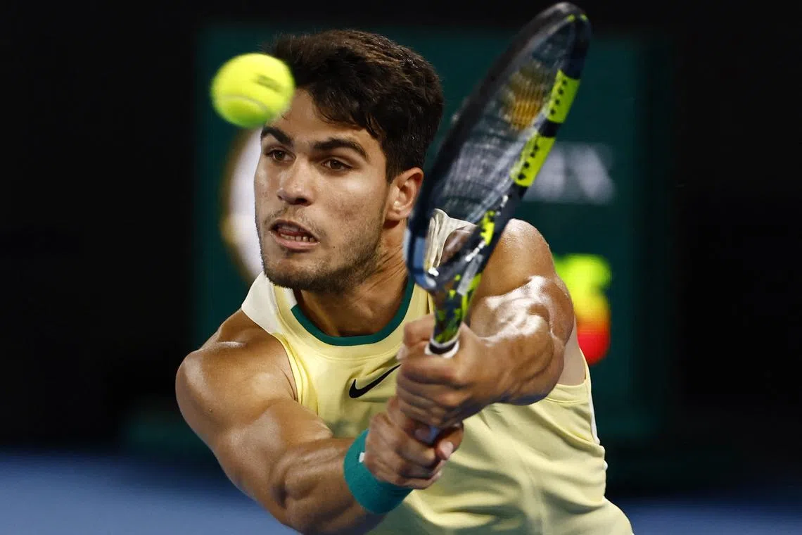 FILE PHOTO: Tennis - Australian Open - Melbourne Park, Melbourne, Australia - January 25, 2024 Spain's Carlos Alcaraz in action during his quarter final match against Germany's Alexander Zverev REUTERS/Issei Kato/File Photo