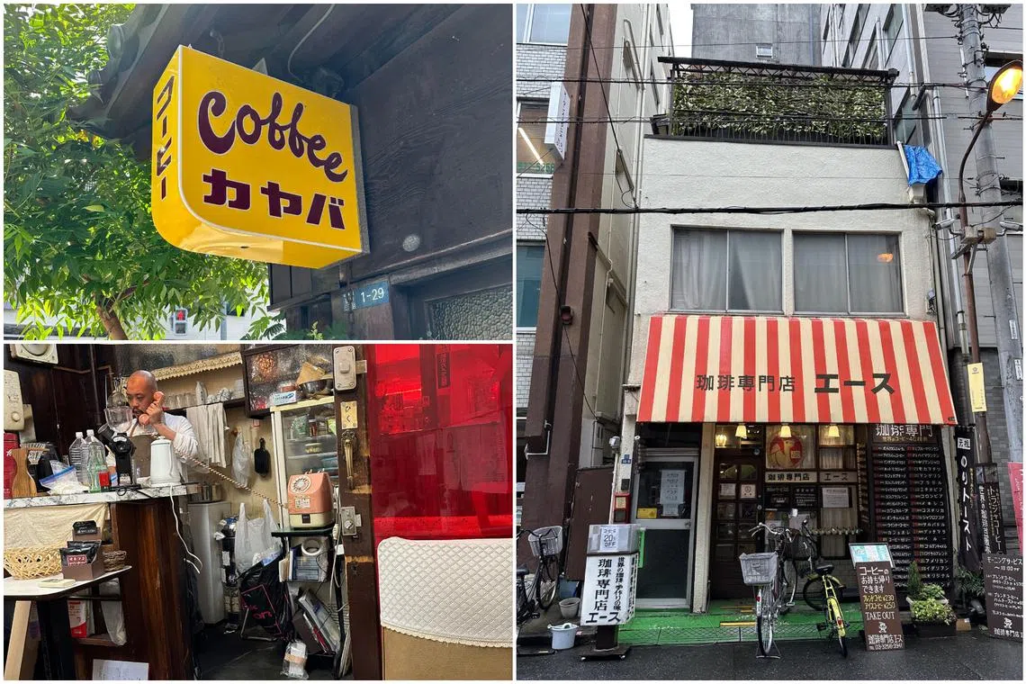 (Clockwise from top left) The sign outside Kayaba Coffee, the facade of Coffee Shop Ace and the interior of Kissamako Kissaten are among the retro eateries peppering Tokyo. 