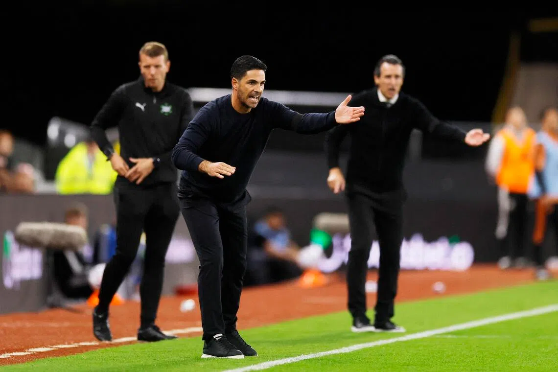 Arsenal manager Mikel Arteta (centre) during the Premier League match against Aston Villa on Aug 31.