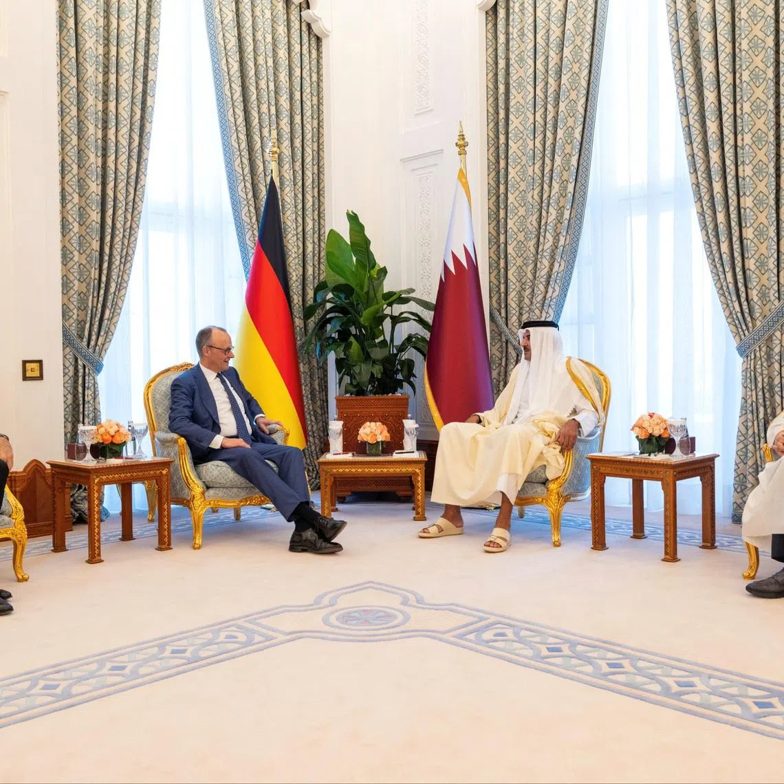 Qatar's Emir Sheikh Tamim bin Hamad Al Thani meets with German Chancellor Friedrich Merz, in Doha, Qatar, February 5, 2026. Amiri Diwan/Handout via REUTERS THIS IMAGE HAS BEEN SUPPLIED BY A THIRD PARTY