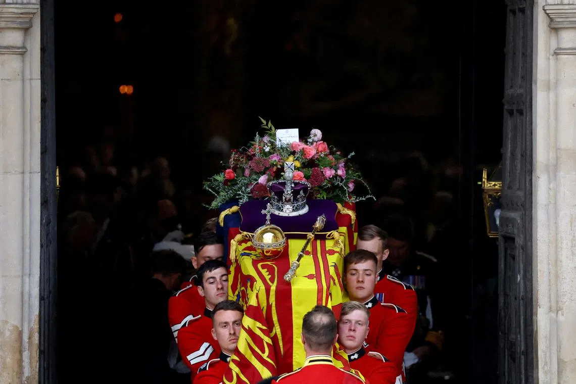 Britain's Queen Elizabeth coffin being carried out of Westminster Abbey during her state funeral and burial, on Sept 19 last year.
