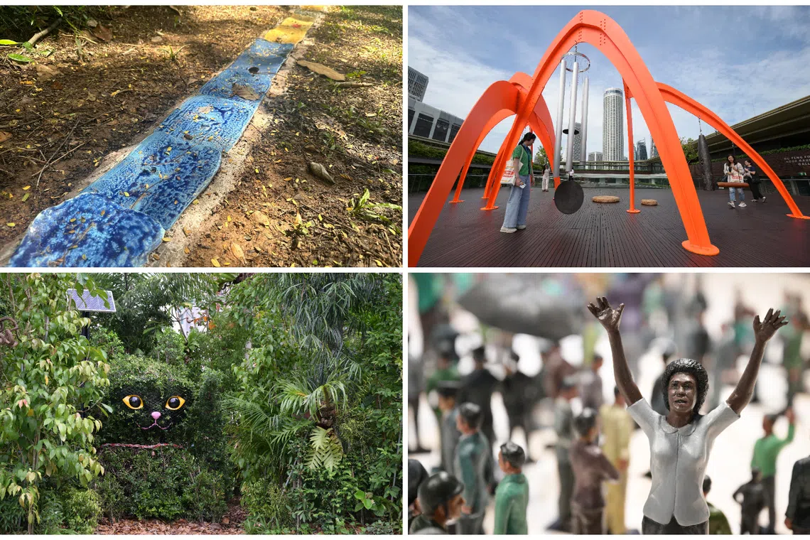 (Clockwise from top left) Kate Newby’s A Line Through Time (2025), Tuan Andrew Nguyen’s Temple (2025), Hyphen’s Tokoh-tokoh, pengabdian, dan peradaban (Figures, dedications and civilisations) (2025), and Salad Dressing’s Square Forest (2025).