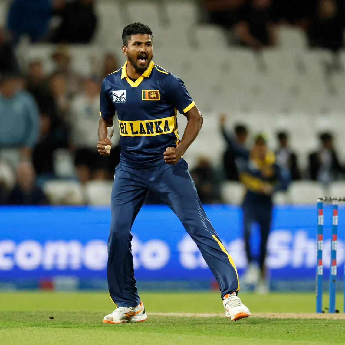 FILE PHOTO: Cricket - Second One Day International - England v Sri Lanka - Headingley Cricket Ground, Leeds, Britain - September 24, 2026 Sri Lanka's Dilshan Madushanka celebrates the wicket of England's Jos Buttler, caught by Kamindu Mendis Action Images via Reuters/Jason Cairnduff/File Photo
