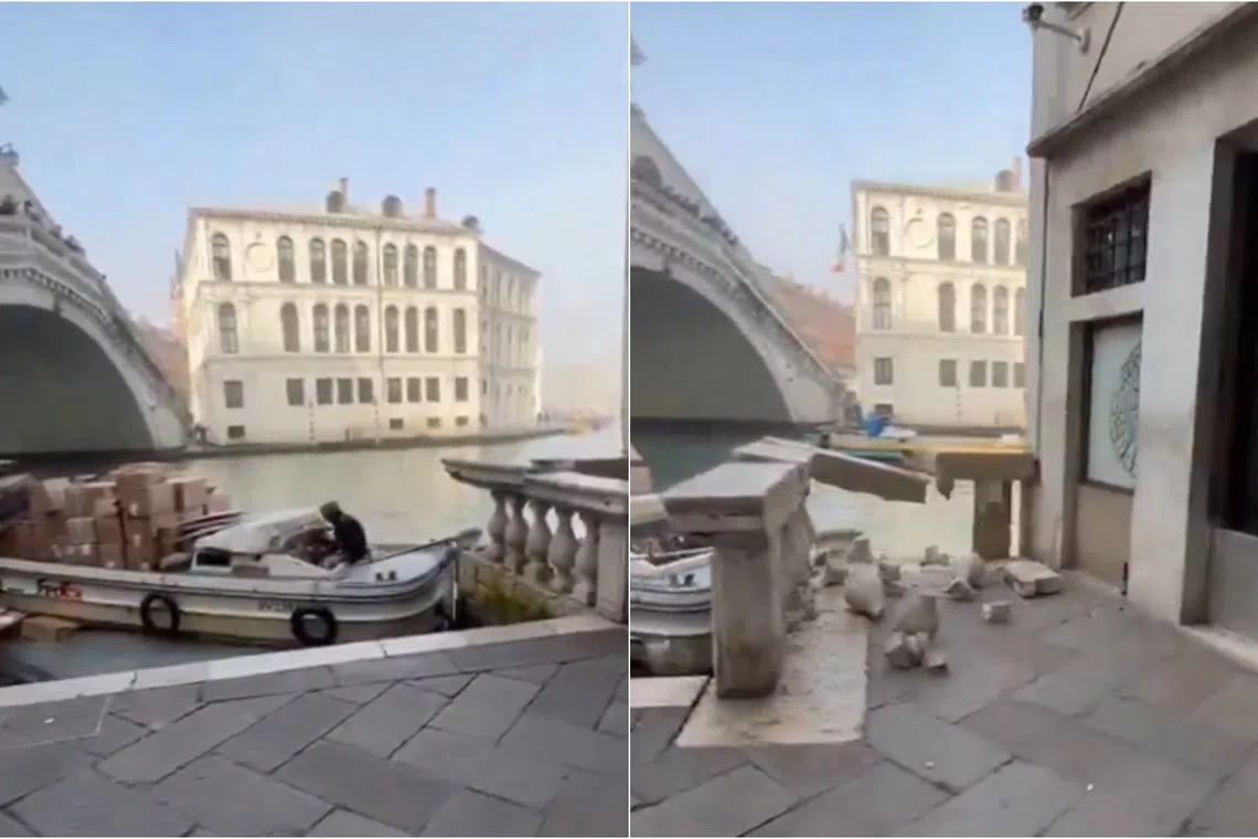 A woman damaged a marble balustrade near the iconic bridge after stealing a delivery boat full of parcels and crashing it.