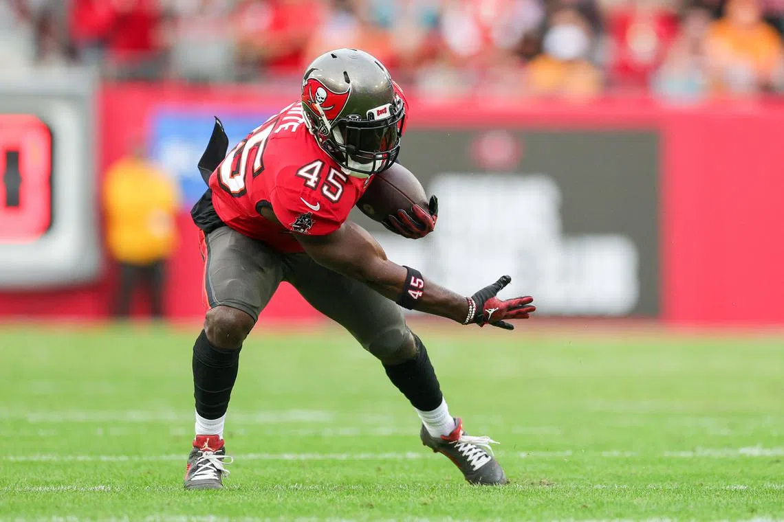 FILE PHOTO: Dec 24, 2023; Tampa, Florida, USA;  Tampa Bay Buccaneers linebacker Devin White (45) intercepts the ball against the Jacksonville Jaguars in the first quarter at Raymond James Stadium. Mandatory Credit: Nathan Ray Seebeck-USA TODAY Sports/File Photo