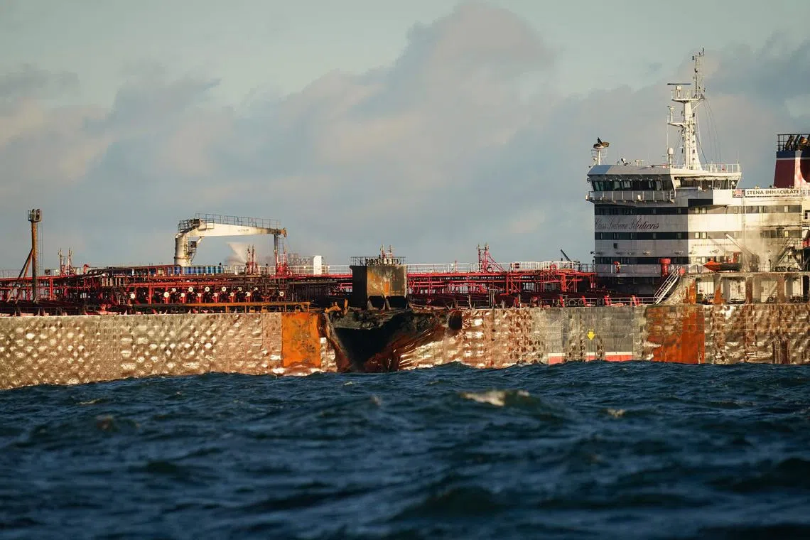 The MV Stena Immaculate tanker at anchor in the North Sea, off the coast of Britain, on March 12, after it was hit by the MV Solong container vessel on March 10. 
