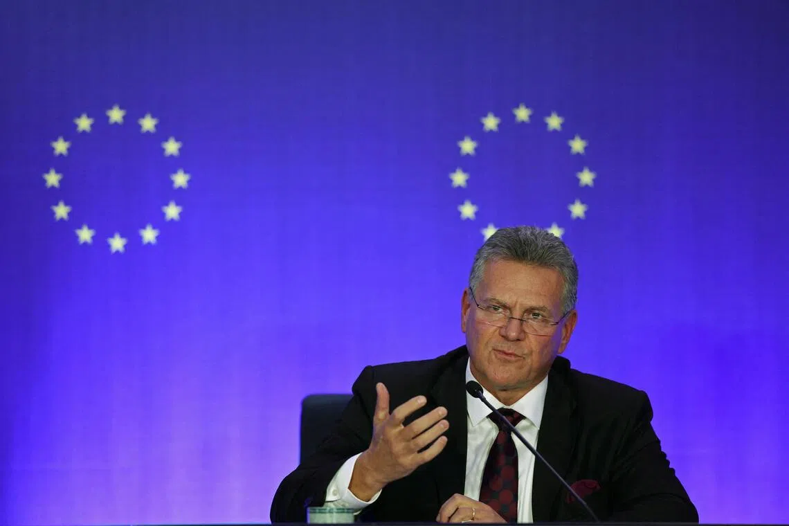 European Commissioner for Trade and Economic Security Maros Sefcovic speaks at a press briefing at the EU Delegation to China in Beijing, on Oct 9.