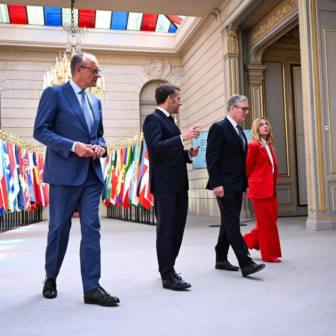 (From left) German Chancellor Friedrich Merz, French President Emmanuel Macron, British Prime Minister Keir Starmer and Italian Prime Minister Giorgia Meloni arriving for a press conference following an international summit on efforts to reopen the Strait of Hormuz on April 17