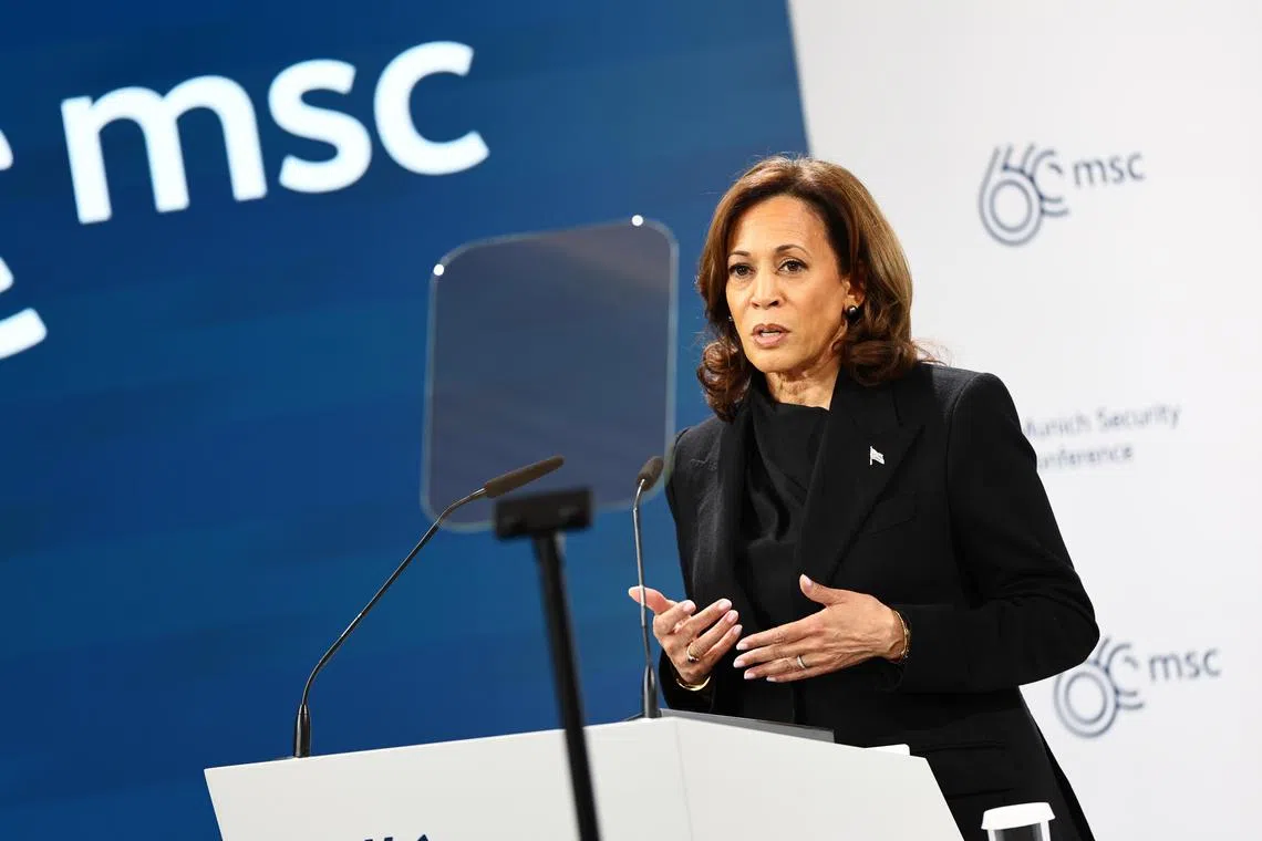 US Vice-President Kamala Harris delivers a speech at the Munich Security Conference, in Germany.