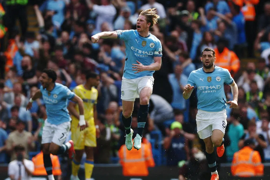 Manchester City's Kevin de Bruyne celebrates after scoring their first goal against Crystal Palace in an EPL game on April 12.