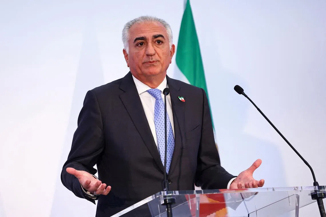 Reza Pahlavi, the exiled son of the last Shah of Iran, speaks during a press conference about the situation in Iran and the need to support Iranians, in Paris, France, June 23, 2025. REUTERS/Abdul Saboor
