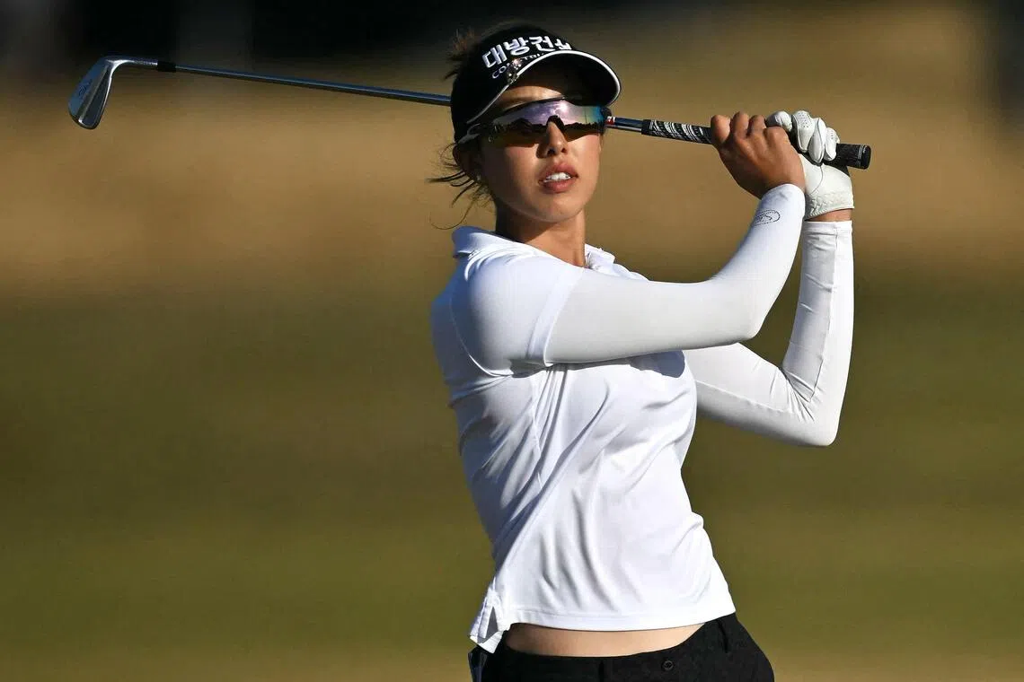US player Yealimi Noh playing a shot from the 18th fairway on the third day of the 2026 Women’s British Open Golf Championships.