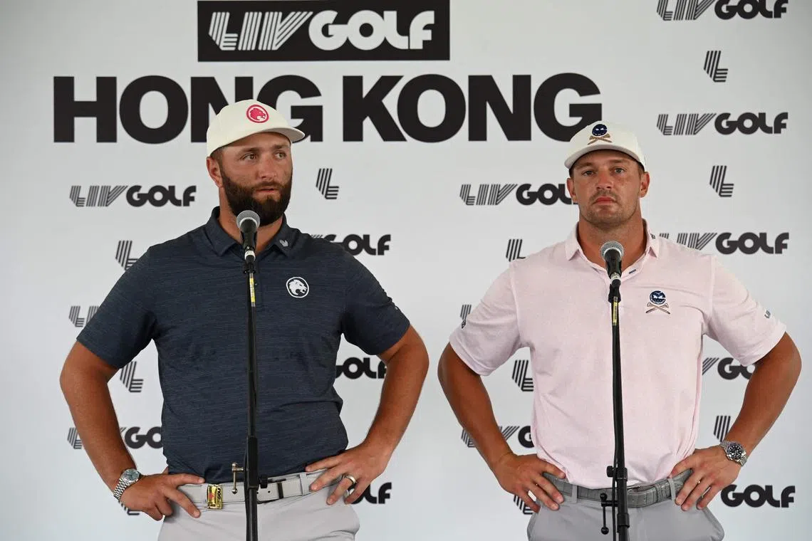LIV Golf Legion XIII captain Jon Rahm (left) and Crushers GC captain Bryson DeChambeau talk to the media ahead of the LIV Golf Hong Kong.