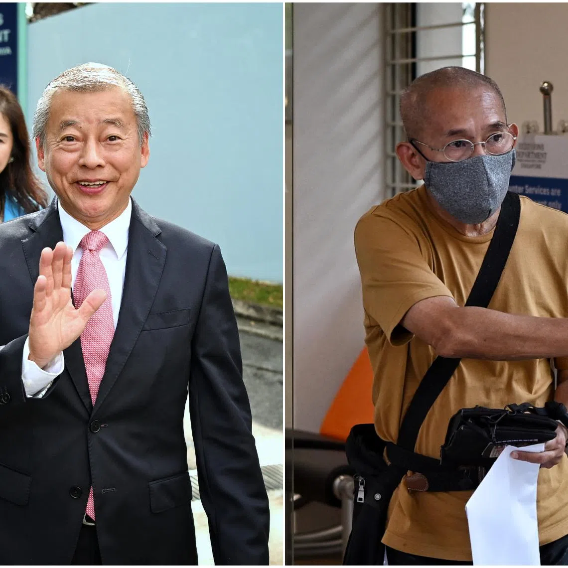 Entrepreneur George Goh (left) and former secondary school teacher Seng Soon Kia at the Elections Department Office on June 13.