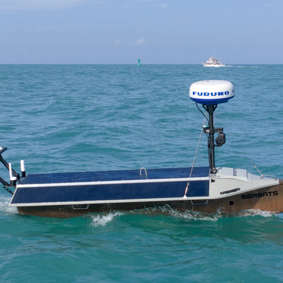 A Seasats' Lightfish unmanned surface vessel (USV) operates off the coast of Texas, US, July 30, 2026. Seasats/Handout via REUTERS