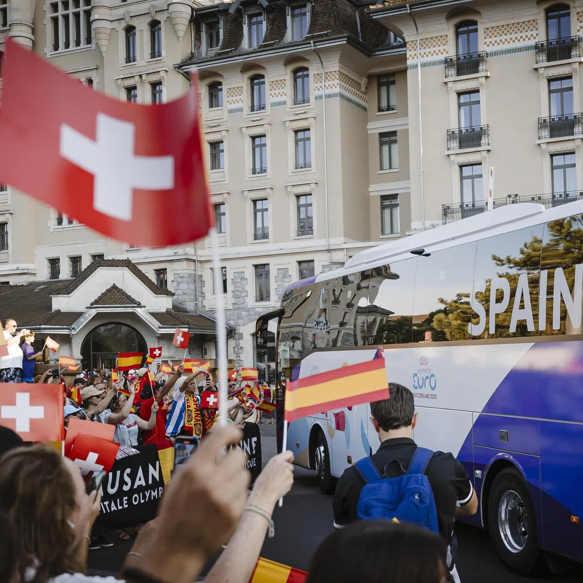 The Spanish women's national football team arrive at their hotel ahead of the Women's Euro 2025.