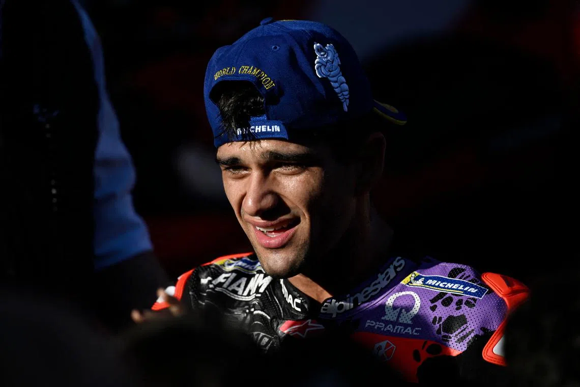 FILE PHOTO: MotoGP - Solidarity Grand Prix of Barcelona - Circuit de Barcelona-Catalunya, Barcelona, Spain - November 17, 2024 Prima Pramac Racing's Jorge Martin celebrates after winning the MotoGP World Championship REUTERS/Pablo Morano/File Photo