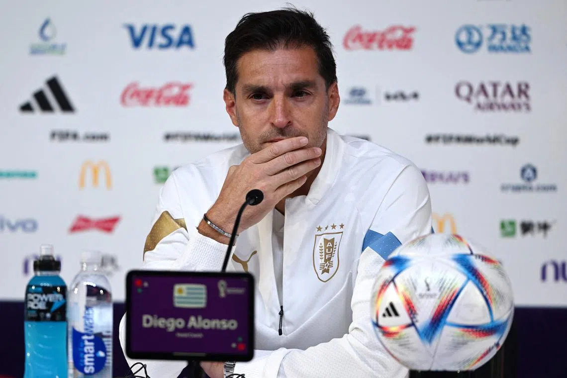 Uruguay coach Diego Alonso during his press conference at the Qatar National Convention Centre in Doha on Dec 1, 2022.