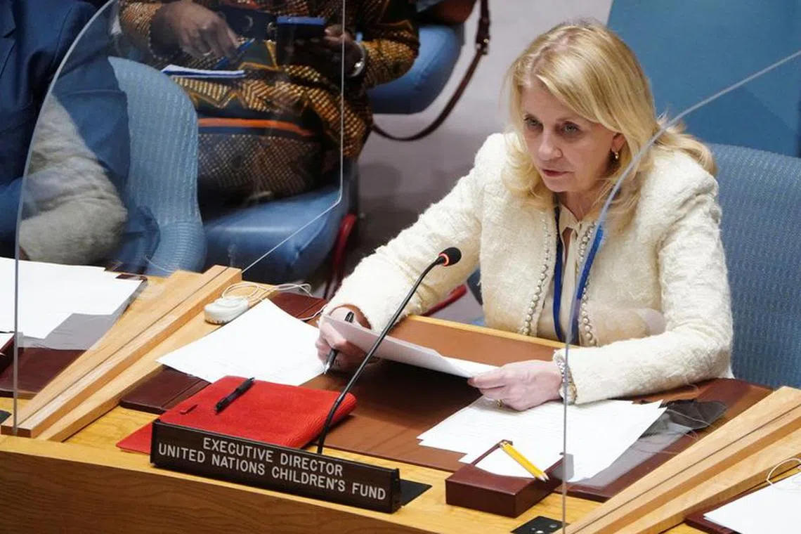 FILE PHOTO: UNICEF Executive Director Catherine M. Russell speaks during a meeting of the United Nations Security Council on Threats to International Peace and Security, following Russia's invasion of Ukraine, in New York City, U.S., March 7, 2022. REUTERS/Carlo Allegri/File photo