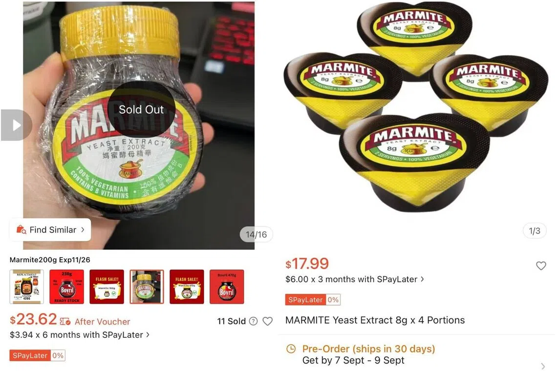 As at July 24, most listings of Marmite on Shopee were out of stock, though some sellers were offering 8g packs for $4.50 a portion.