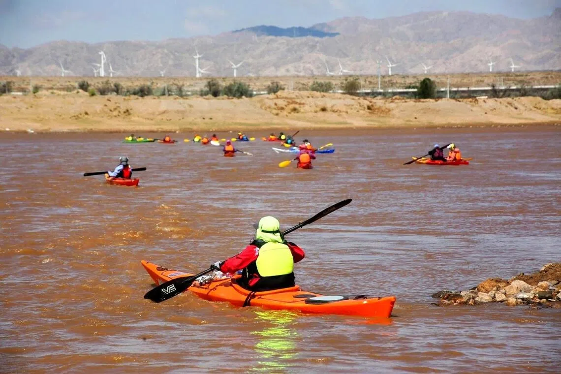 Participants of the Gobi Desert adventure Liow organised faced strong headwinds and waves during their 100km kayak trip on the Yellow River.