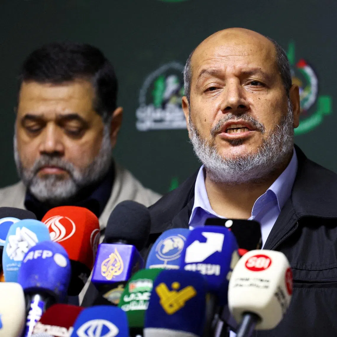 FILE PHOTO: Hamas officials, Khalil Al-Hayya and Osama Hamdan, attend a press conference in Beirut, Lebanon, November 21, 2023. REUTERS/Esa Alexander/File Photo