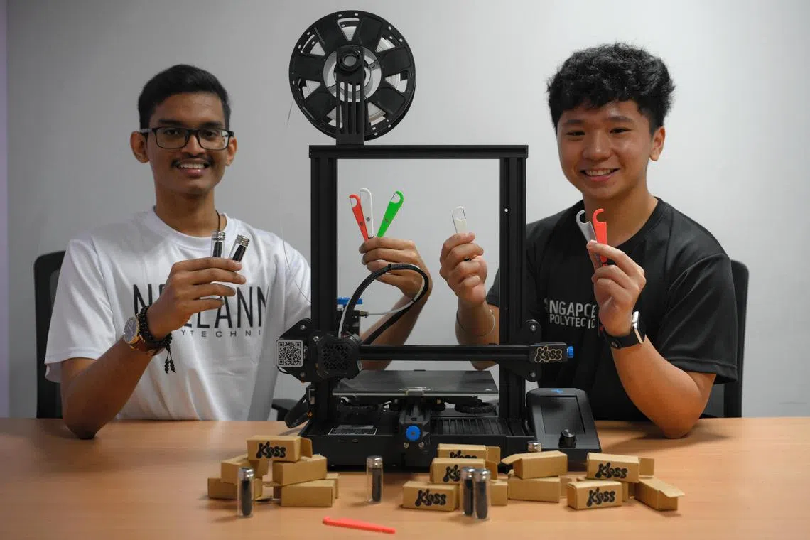 Lingesh s/o Sachuvanantham (left) and Javen Francis Koh, the founders of Kloss, a reusable dental floss start-up, pictured with their products on Jan 19, 2024.