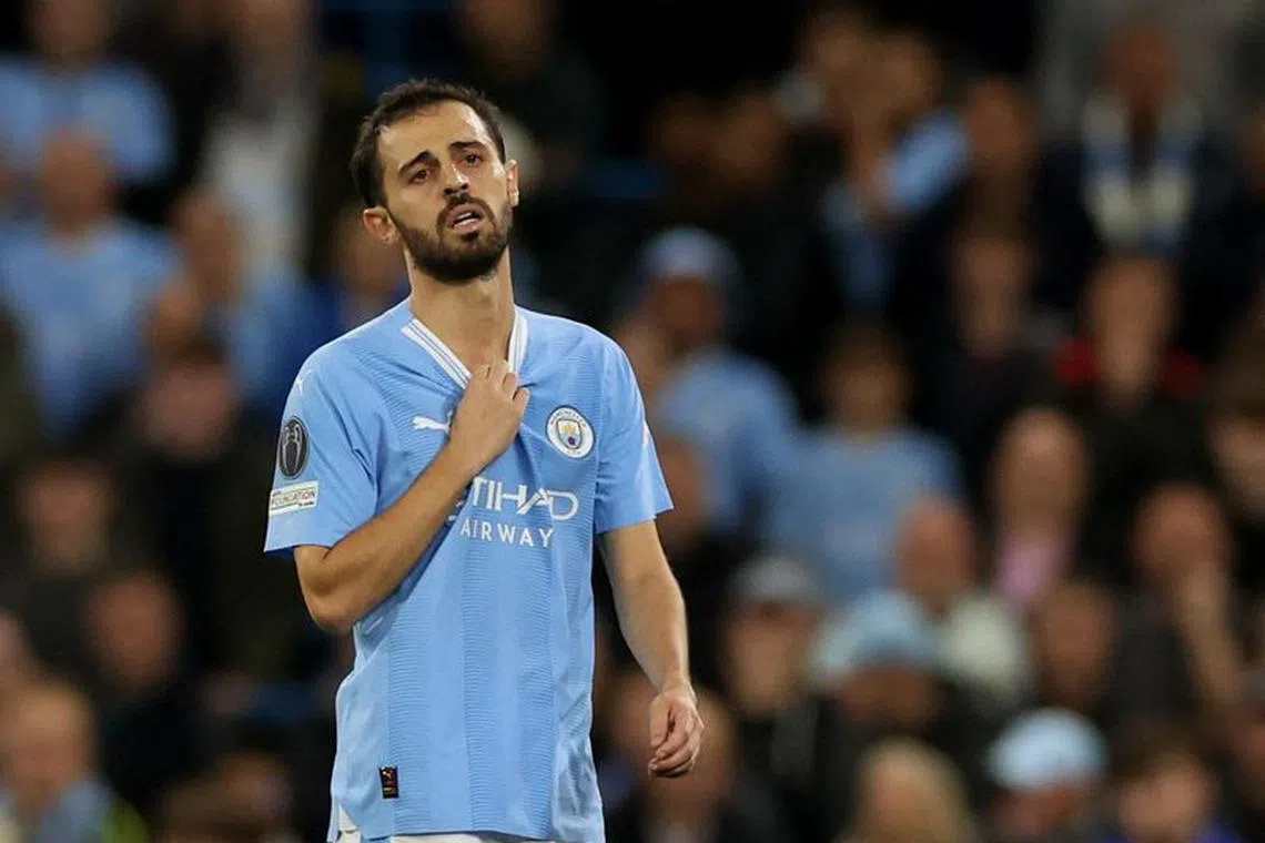 Soccer Football - Champions League - Group G - Manchester City v Crvena Zvezda - Etihad Stadium, Manchester, Britain - September 19, 2023 Manchester City's Bernardo Silva reacts after being substituted REUTERS/Phil Noble