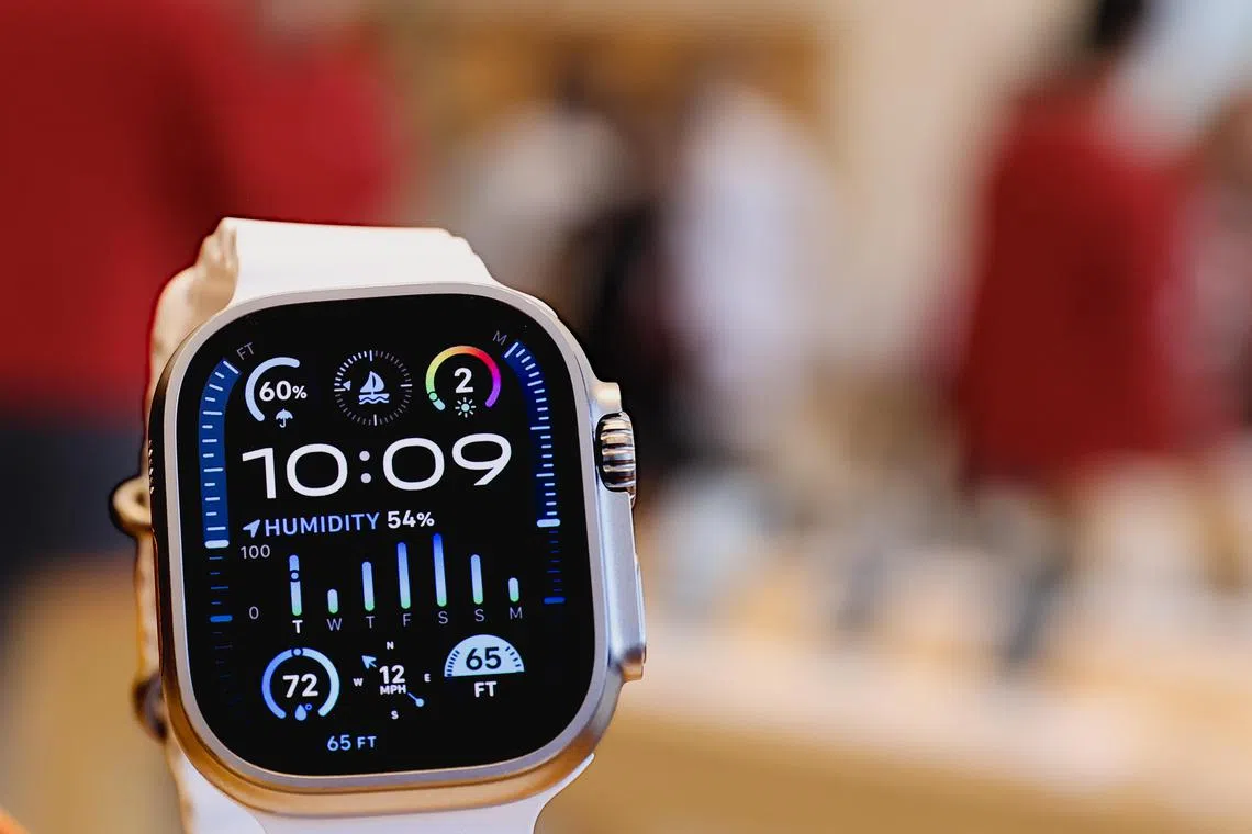 The Series 9 Apple Watch on display at the Apple Store in Austin, Texas. Apple will be forced to stop sales of the Series 9 and Ultra 2 version of the watch due to a ongoing patent dispute. 