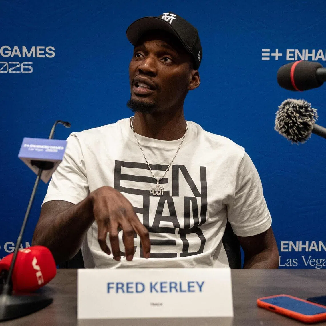 US track and field sprinter, Fred Kerley, talking with the press ahead of the Enhanced Games at the Resorts World in Las Vegas, Nevada, on May 22, 2026.