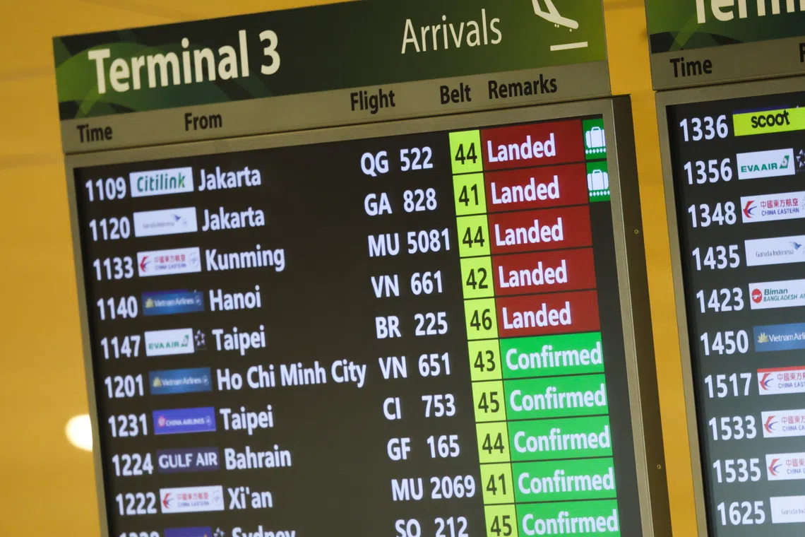 The arrivals board at Changi Airport Terminal 3 shows flights from Jakarta, including Citilink flight QG 522 and Garuda Indonesia flight GA 828, on Sept 8.