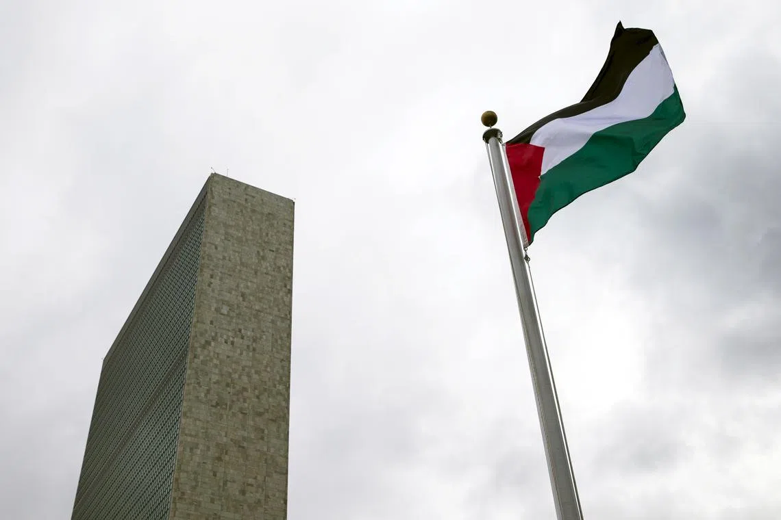 The Palestinian flag flies after being raised by Palestinian President Mahmoud Abbas in a ceremony the United Nations General Assembly at the United Nations in Manhattan, New York September 30, 2015. REUTERS/Andrew Kelly/ File Photo