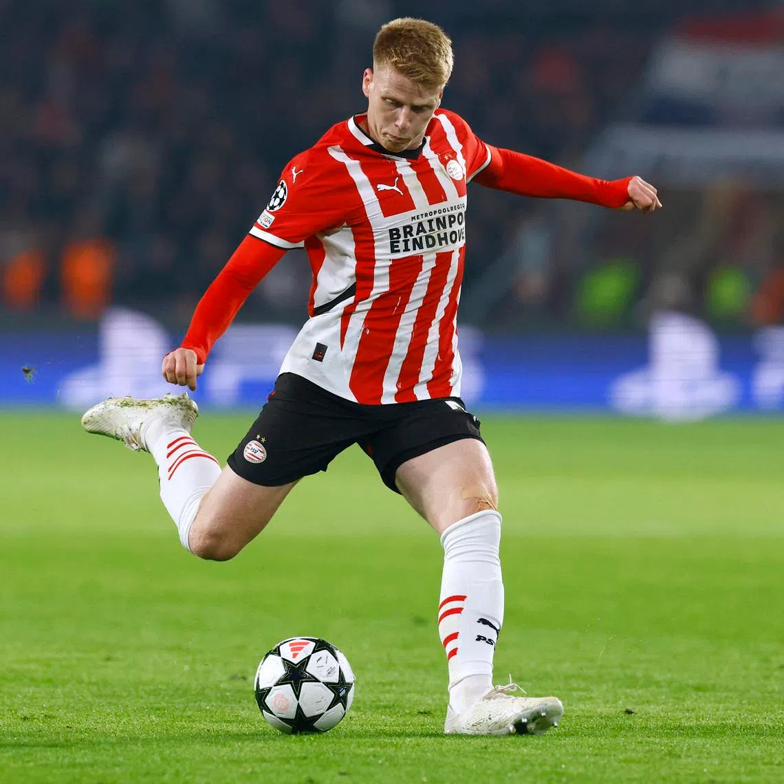Soccer Football - Champions League - PSV Eindhoven v Sporting CP - Philips Stadion, Eindhoven, Netherlands - October 1, 2024  PSV Eindhoven's Jerdy Schouten scores their first goal REUTERS/Piroschka Van De Wouw/File Photo