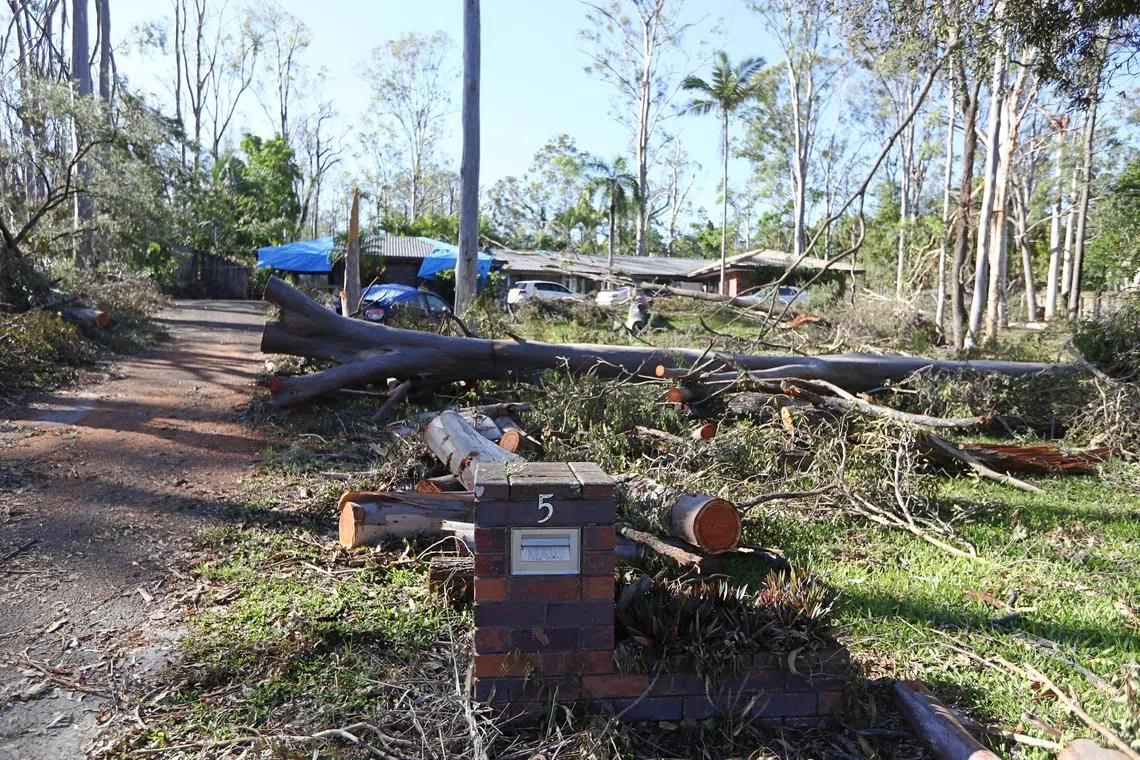 epa11046339 Storm damage is seen in Oxenford on the Gold Coast, Queensland, Australia, 28 December 2023. The Bureau of Meteorology says Queensland's severe weather, which has left seven dead since Christmas, is set to ease but more storms could be on the horizon.  EPA-EFE/JASON OBRIEN AUSTRALIA AND NEW ZEALAND OUT