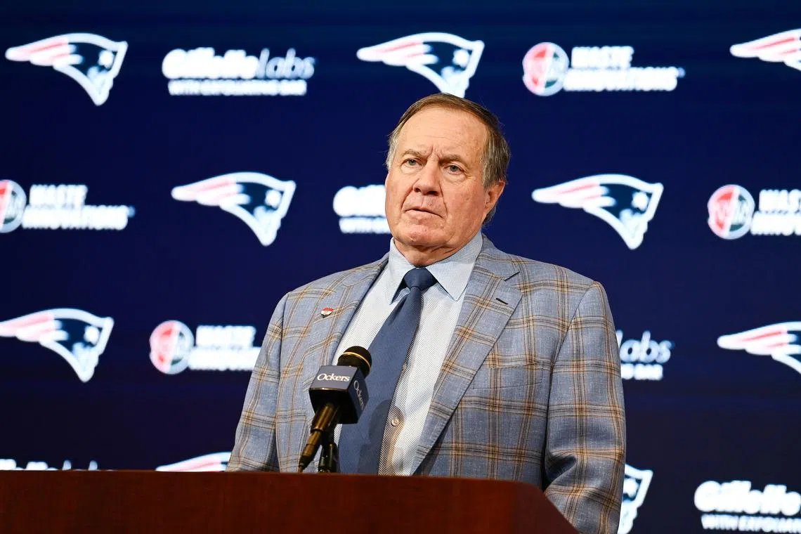 FILE PHOTO: Jan 11, 2024; Foxborough, MA, USA; Former New England Patriots former head coach Bill Belichick holds a press conference at Gillette Stadium to announce his exit from the team. Mandatory Credit: Eric Canha-USA TODAY Sports/File Photo