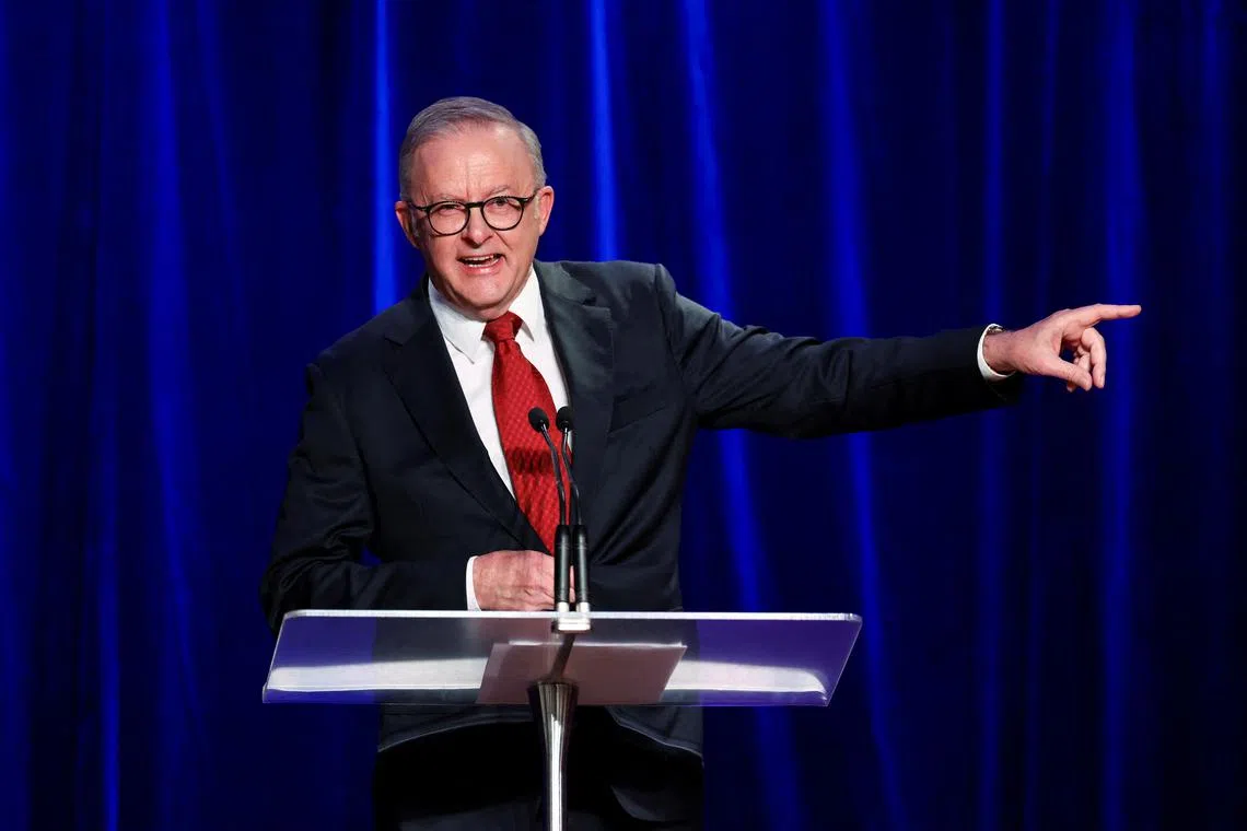 FILE PHOTO: Australia's Prime Minister Anthony Albanese speaks at a Labor party election night event in Sydney, Australia, May 3, 2025. REUTERS/Hollie Adams/ File Photo