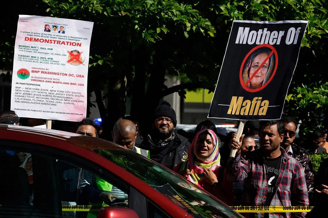 Opponents of Bangladesh Prime Minister Sheikh Hasina rally in front of the World Bank in Washington in this May 1, 2023 file photo.