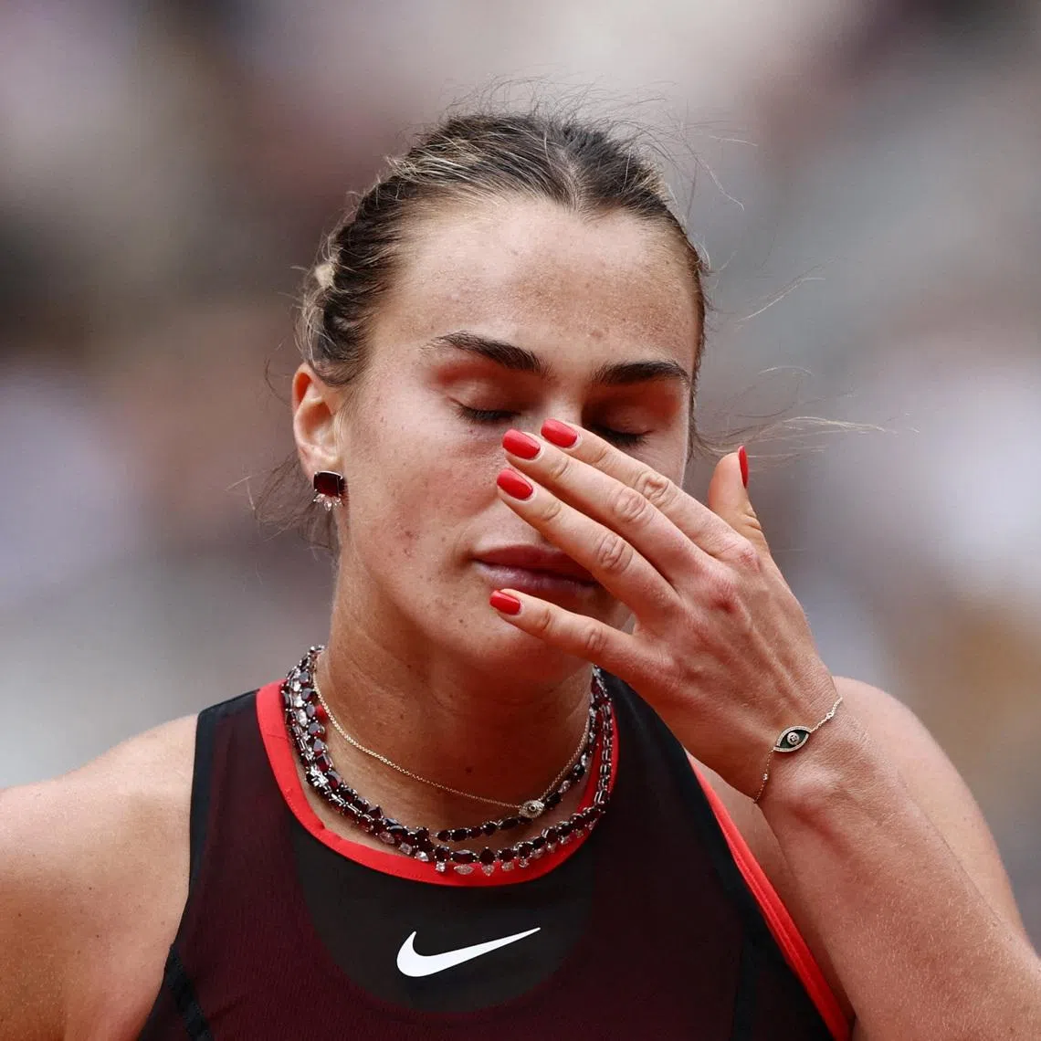 Tennis - French Open - Roland Garros, Paris, France - June 3, 2026 Belarus' Aryna Sabalenka reacts during her quarter final match against Russia's Diana Shnaider REUTERS/Stephane Mahe