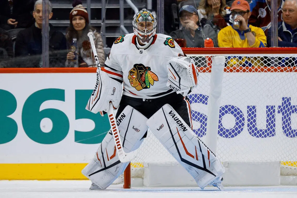 FILE PHOTO: Oct 28, 2024; Denver, Colorado, USA; Chicago Blackhawks goaltender Petr Mrazek (34) in the third period against the Colorado Avalanche at Ball Arena. Mandatory Credit: Isaiah J. Downing-Imagn Images/File Photo