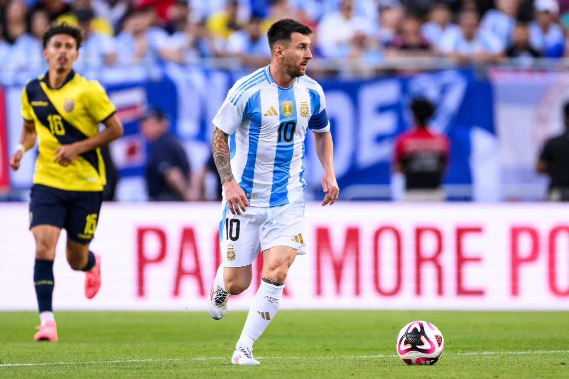 FILE PHOTO: Jun 9, 2024; Chicago, Illinois, USA; Argentina forward Lionel Messi (10) dribbles the ball against Ecuador during the second half at Soldier Field. Mandatory Credit: Daniel Bartel-USA TODAY Sports/File Photo
