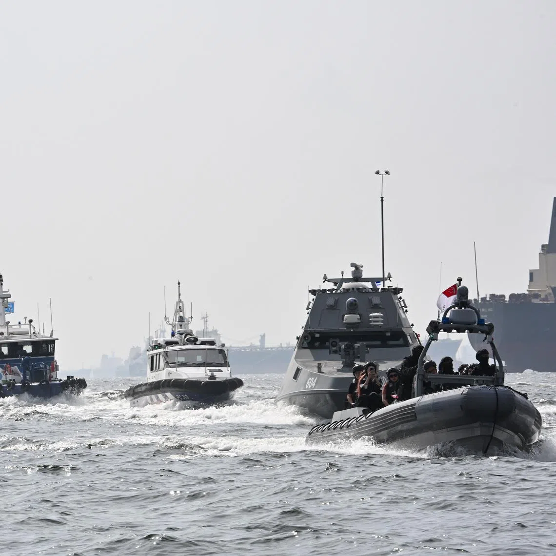 All five vessels taking part in an open sea sortie rehearsal during NDP 2025's maritime display on July 19.