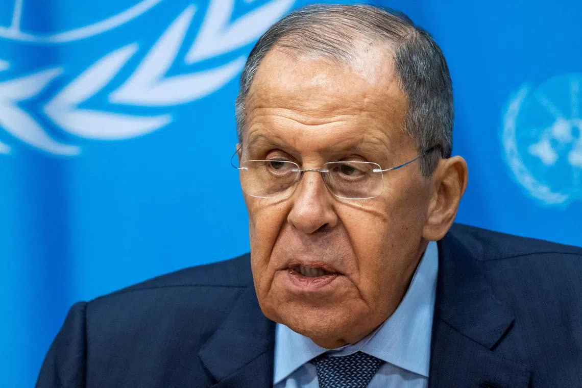 FILE PHOTO: Russian Foreign Minister Sergei Lavrov speaks to the media after addressing the 79th United Nations General Assembly at U.N. headquarters in New York, U.S., September 28, 2024.  REUTERS/Eduardo Munoz/File Photo